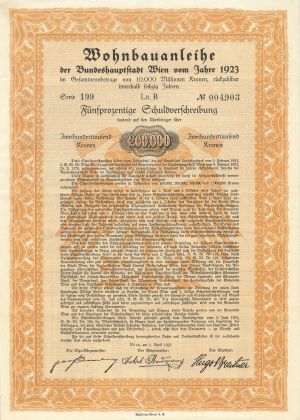 Austrian Bond - 1923 dated 200,000 Austrian Kronen
