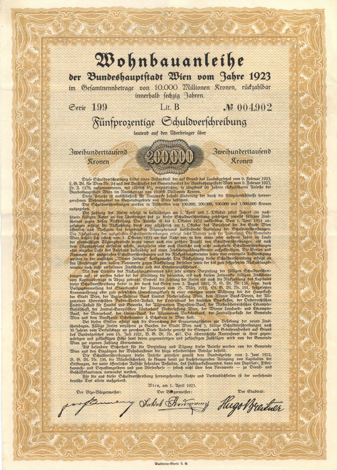 Austrian Bond - 1923 dated 200,000 Austrian Kronen