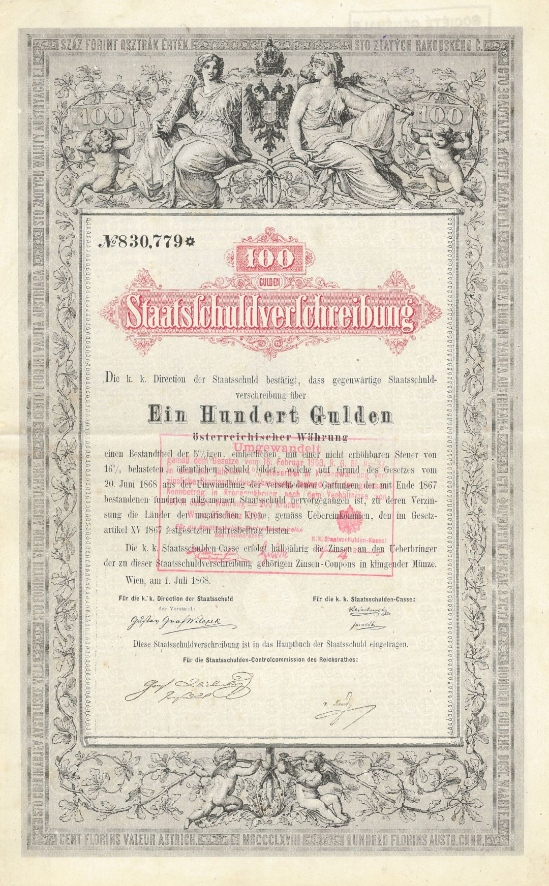 Austrian Bond - 1868 dated 100 and 1000 Gulden Bonds