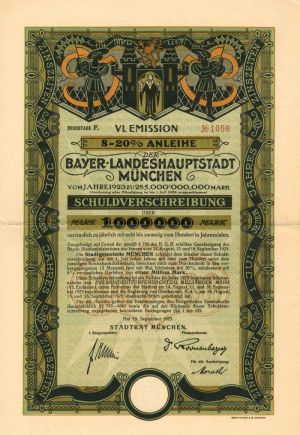 Bayer Landeshauptstadt Munchen - 1,000,000 Mark - Bond (Uncanceled)