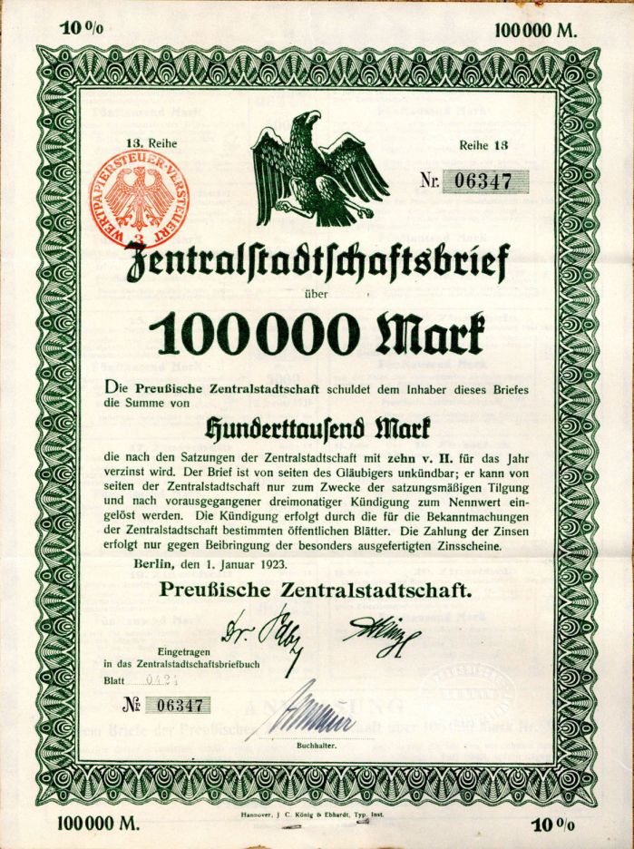 Zentralstadtschaft - 100,000 Mark Uncanceled Bond