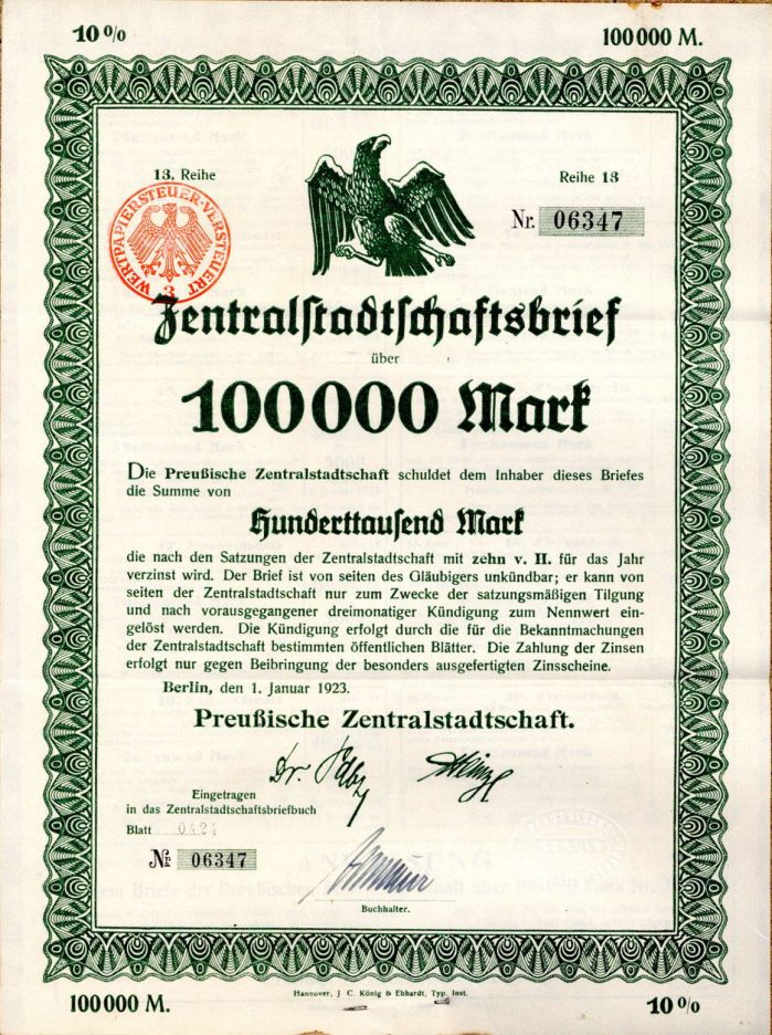 Zentralstadtschaft - 1923 dated 100,000 Mark Uncanceled 10% German Bond