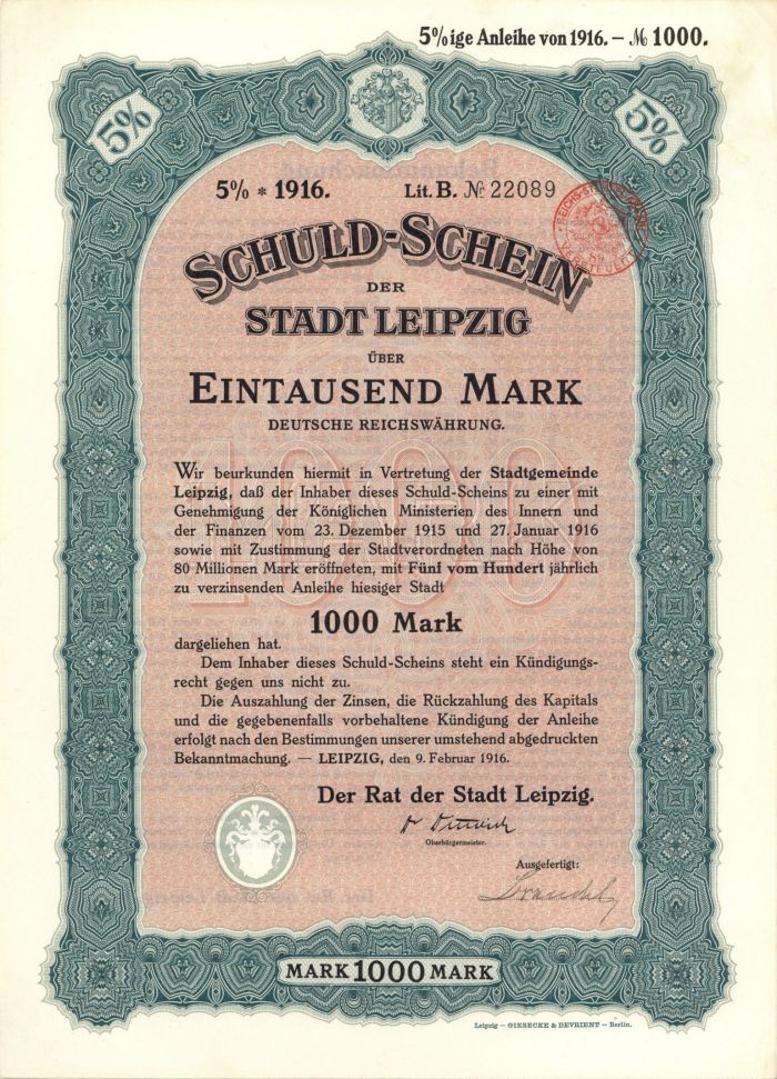 Schuld-Schein Der Stadt Leipzig - 1,000 or 500 Marks Bond (Uncanceled)