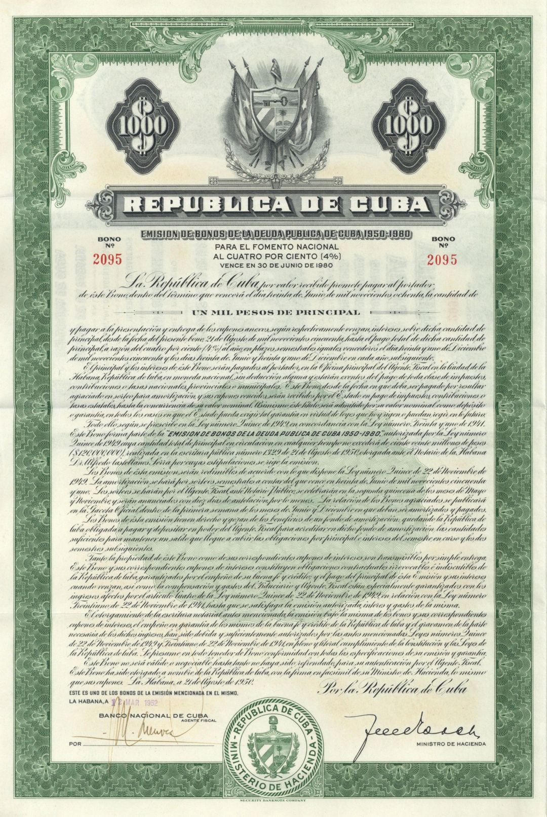 Republica De Cuba - 1,000 Pesos - 1950 dated Bond (Uncanceled) - Many Coupons Attached