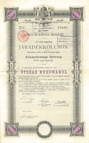Royal Hungarian Bond dated 1897 - Various Denominations (Uncanceled)