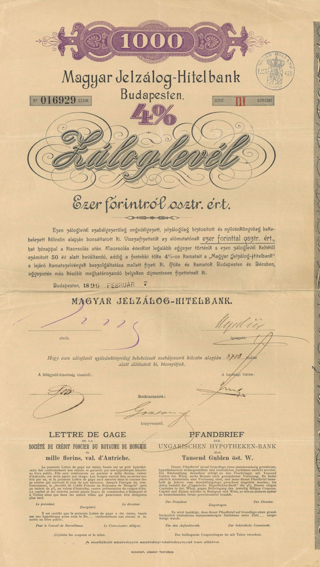 Magyar Jelzalog-Hitelbank Budapesten - 1,000 Forint Denomination Uncanceled Bond