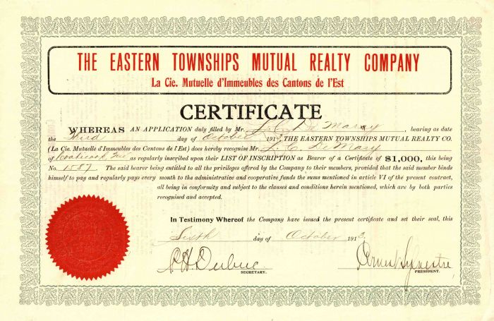 Eastern Townships Mutual Realty Co. - Coaticook, Quebec, Canada - $1,000 Certificate