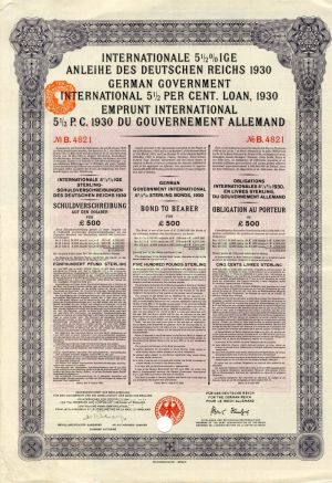 German Government International 500 Pound 5.5% 1930 Young Bond - Canceled 500 Pound Bond
