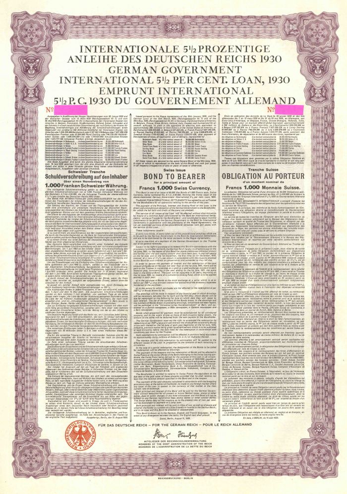 German Young Government International 5.5% Uncancelled 1,000 Swiss Francs Gold Bond of 1930 with PASS-CO AUTHENTICATION (Uncanceled)