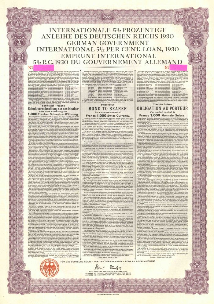 German Young Government International 5.5% Uncancelled 1,000 Swiss Francs Gold Bond of 1930 with Pass-co Authentication (Uncanceled)