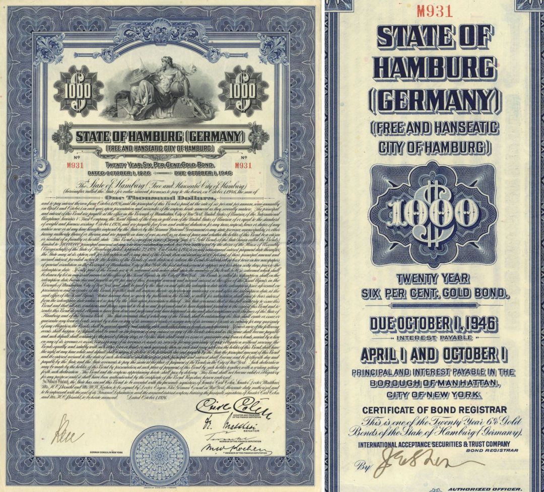 State of Hamburg Germany - 6% 1926 dated $1,000 German Gold Bond - Uncanceled - Hamburg, Germany