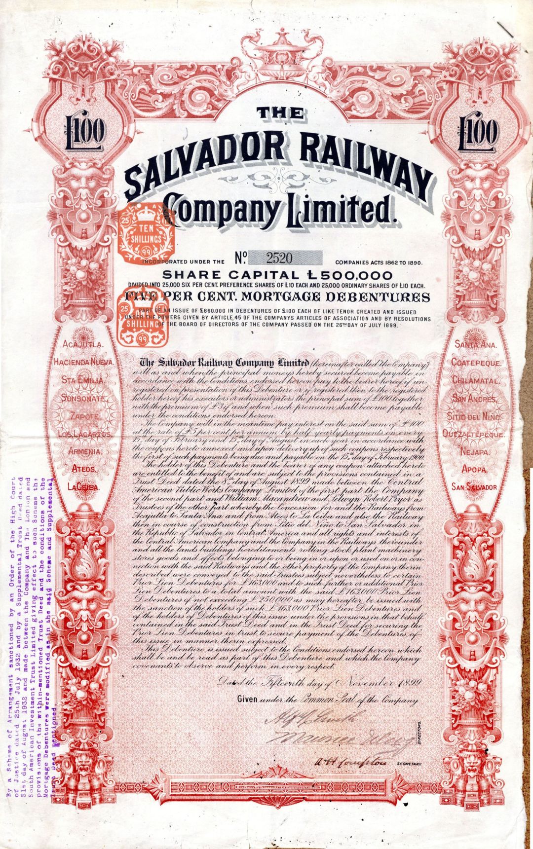 Salvador Railway Co. Limited - 1899 dated £100 El Salvador Bond