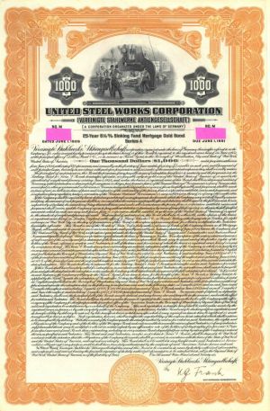 United Steel Works Corp. 6.5% Uncancelled $1000 Gold Bond of 1926 with PASS-CO AUTHENTICATION (Uncanceled)