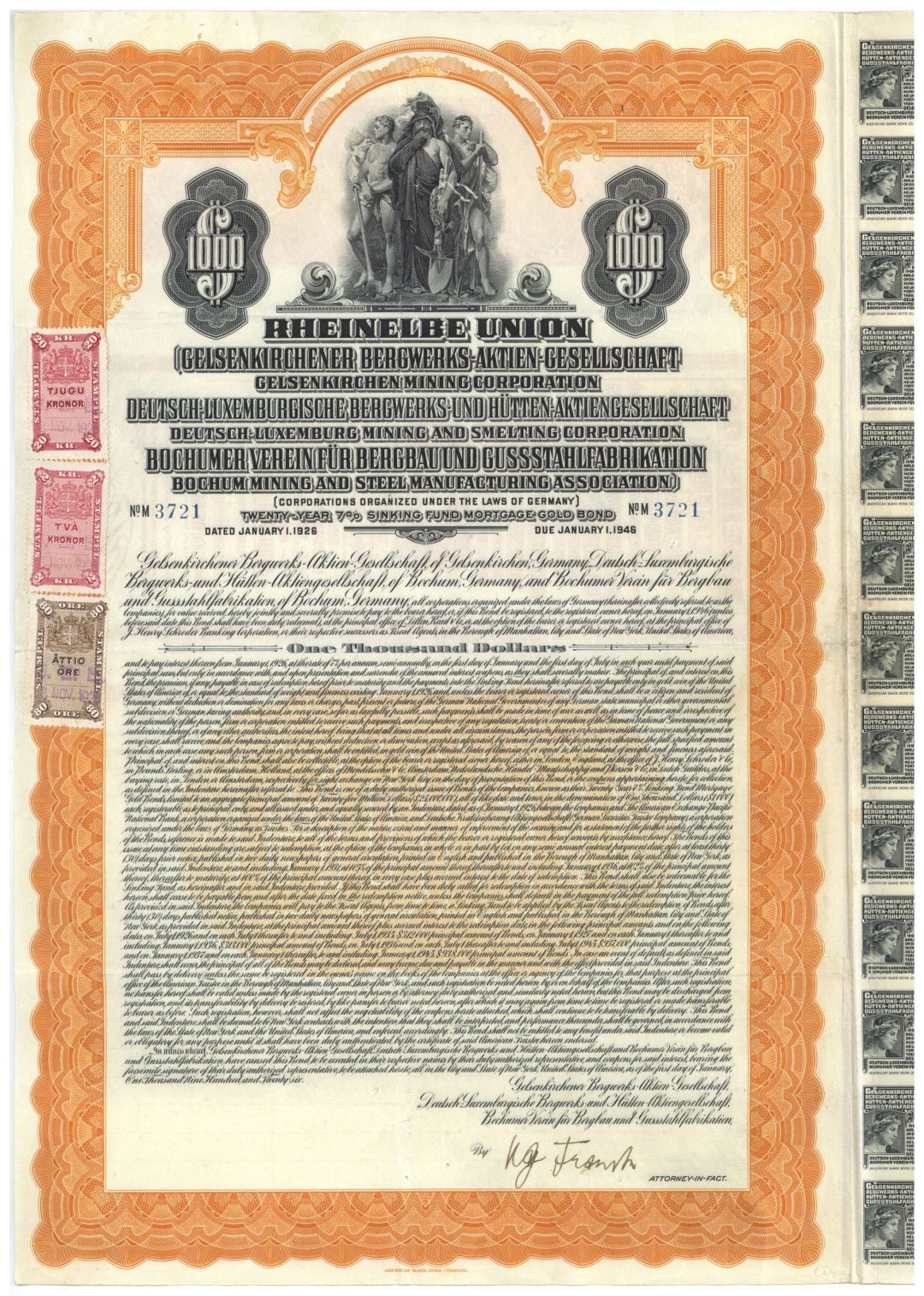 Rheinelbe Union Gelsenkirchen Mining Corporation 7% $1000 German Uncancelled Bond of 1926 - Extremely Rare - Includes PASS-CO Authentication