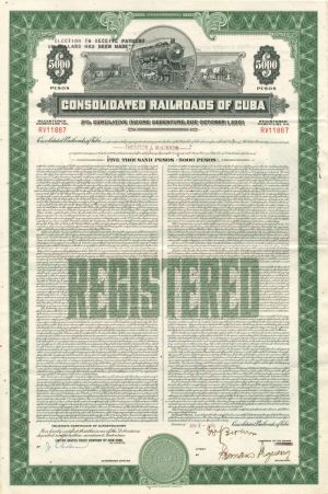 Consolidated Railroads of Cuba - 5,000 Pesos - Bond