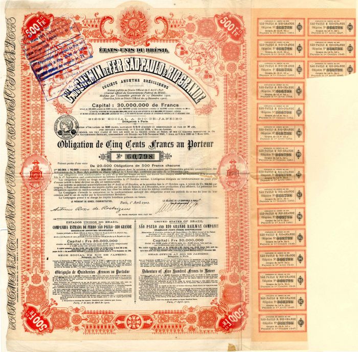 Compagnie Du Chemin De Fer Sao-Paulo and Rio Grande Railway Co. - Bond