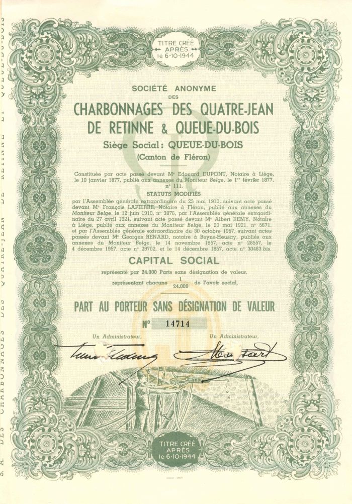 Societe Anonyme Des Charbonnages Des Quatre-Jean De Retinne and Queue-Du-Bois - Bond