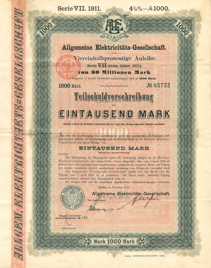 Allgemeine Elektricitats-Gesellschaft - 1,000 German Marks - Bond