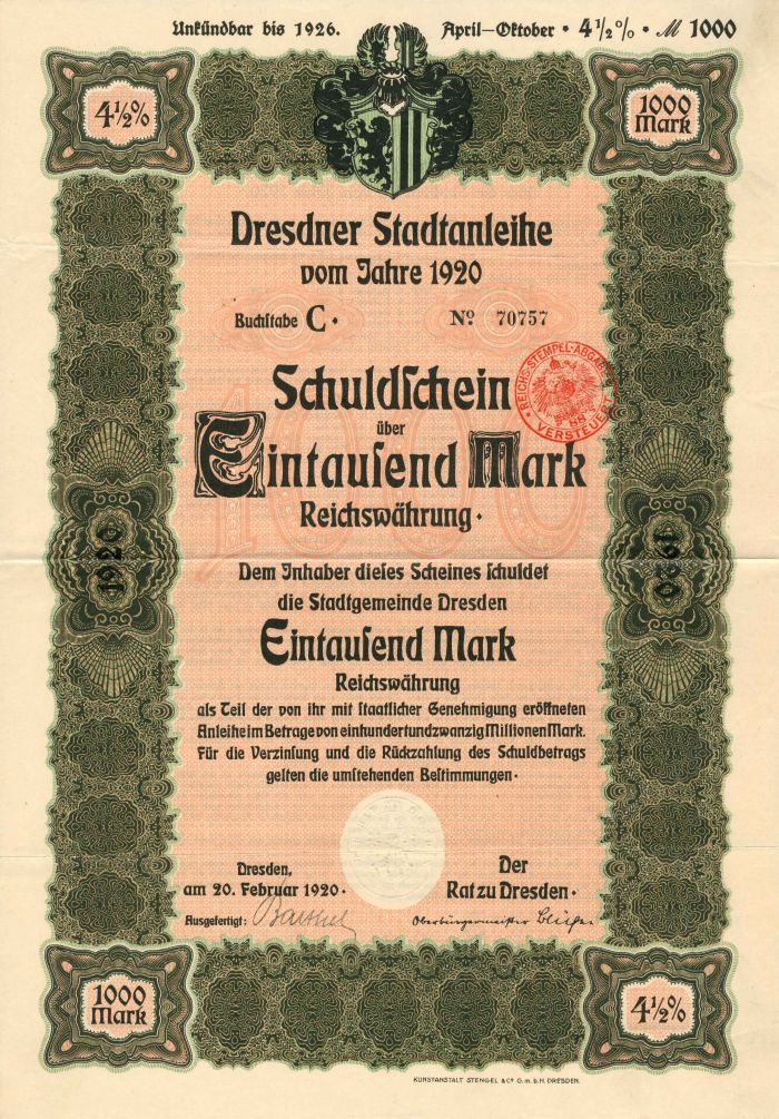 Dresdner Stadtanleihe - 2,000, 1,000 or 500 Mark - Bond