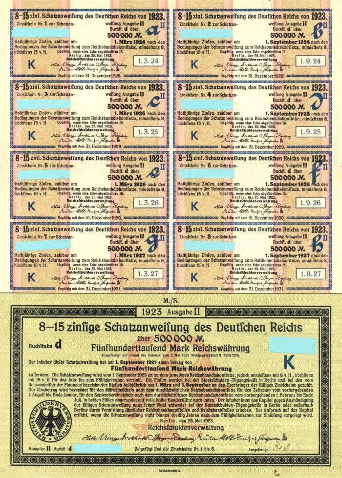 Schatzanweifung des Deutfchen Reichs dated 1923 - 500,000 German Marks Bond