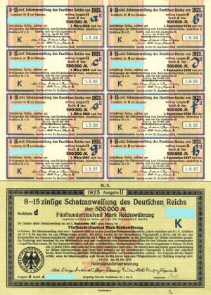 Schatzanweifung des Deutfchen Reichs dated 1923 - 500,000 German Marks Bond