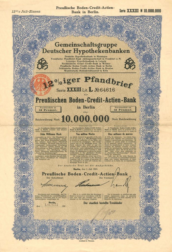 Gemeinschaftsgruppe Deutscher Hypothekenbanken - 10000000, 1000000 or 50000 Mark - Bond