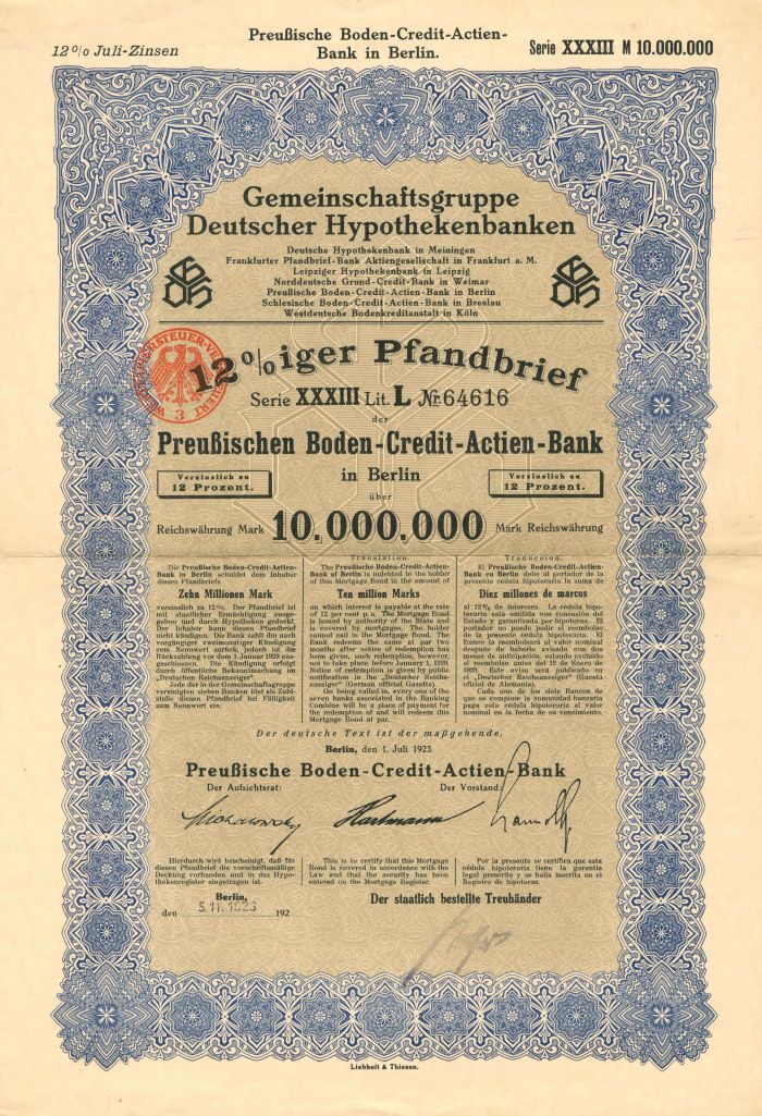 Gemeinschaftsgruppe Deutscher Hypothekenbanken - 10000000, 1000000 or 50000 Mark - Bond