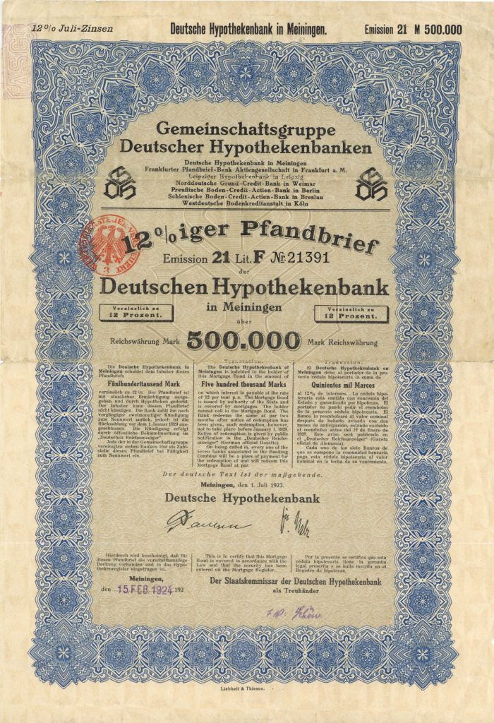 Gemeinschaftsgruppe Deutscher Hypothekenbanken - 500,000 Mark - Bond