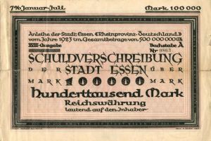 Schuldverschreibung Stadt Essen - 100,000 Mark - German Bond
