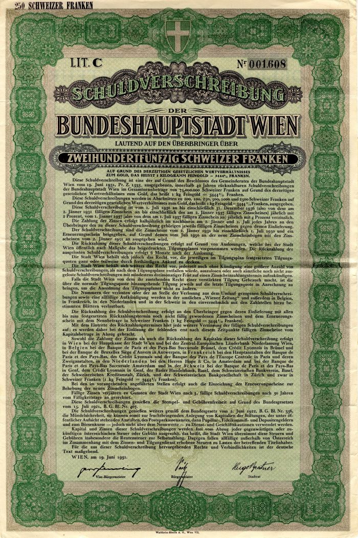 Schuldverschreibung der Bundeshauptstadt Wien - 250 Francs Bond