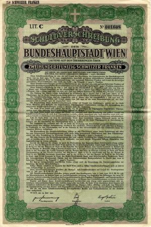 Schuldverschreibung der Bundeshauptstadt Wien - 1931 dated 250 Francs Bond
