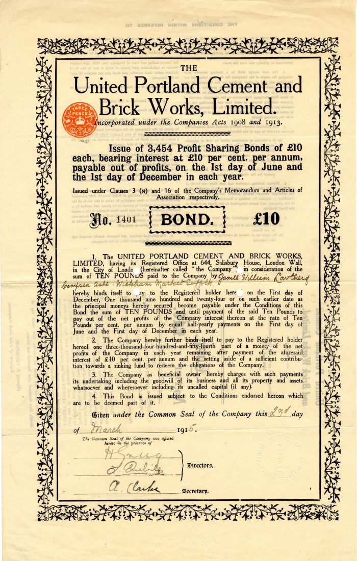 United Portland Cement and Brick Works, Limited - £10