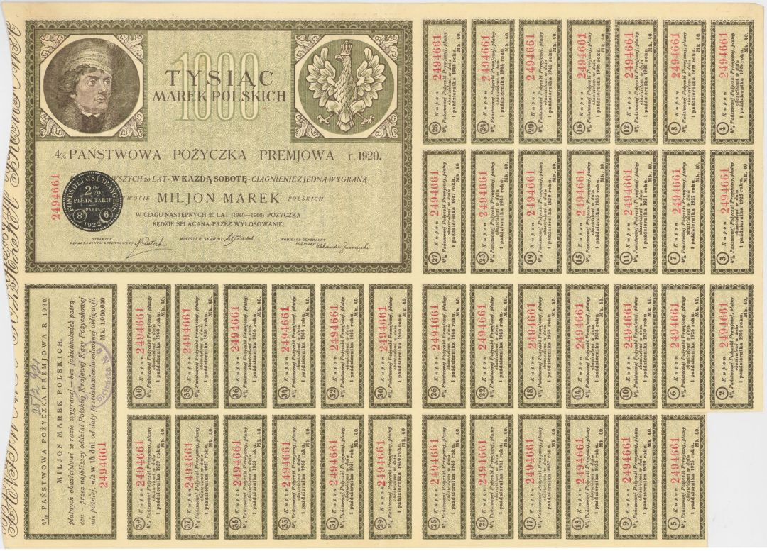 Tysiac Marek Polskich - State Premium Loan - 1920 dated 1,000 Polish Marks Bond - Poland
