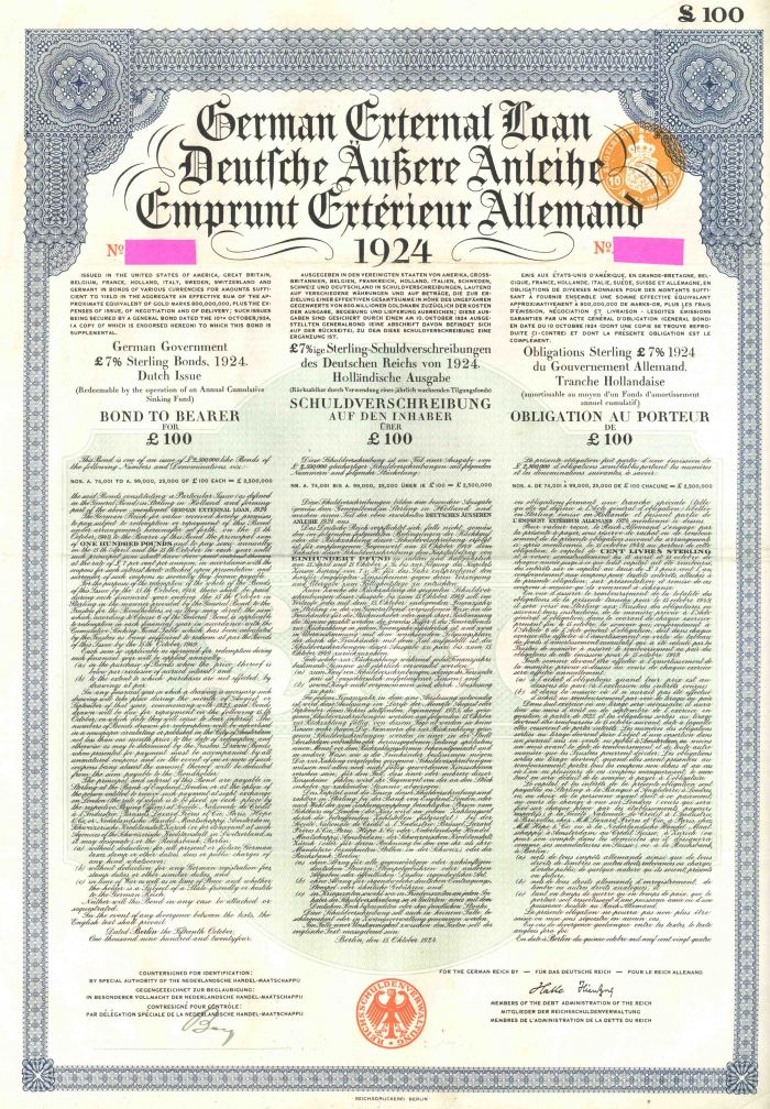 Original Germany 7% Loan 1924 Bond Dutch Holland issue £100 Daves Scarce 
