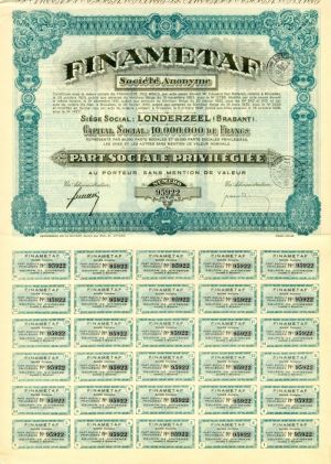 Finametaf - Belgium Stock Certificate