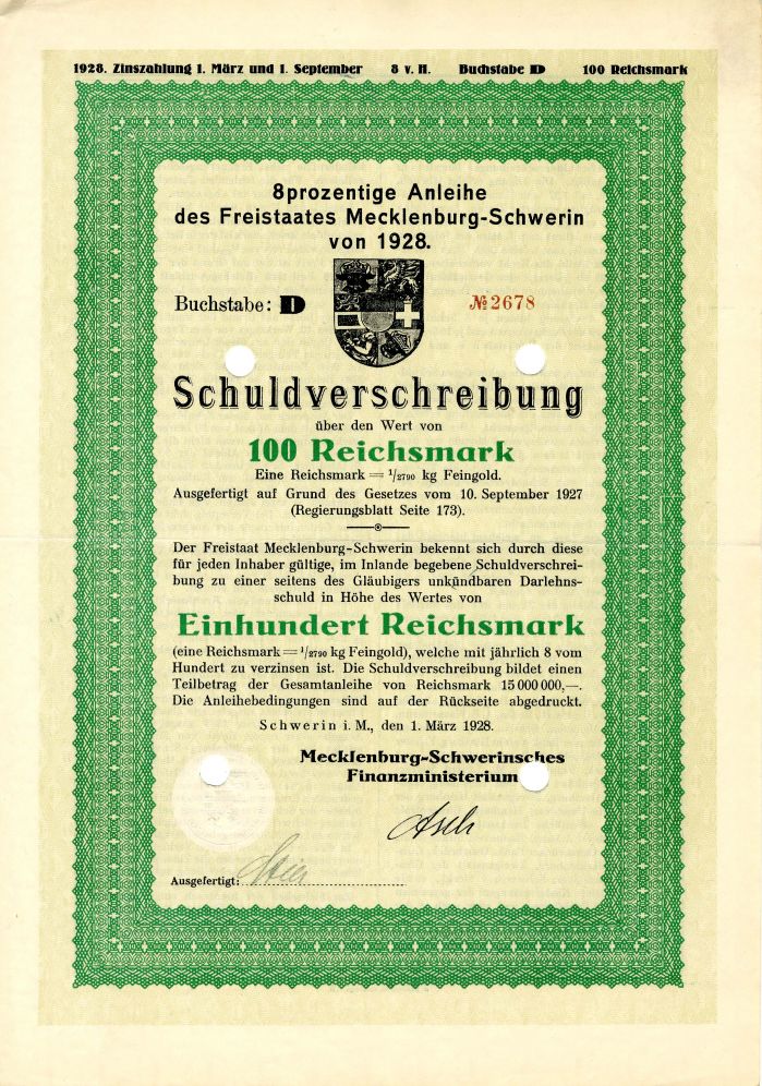 Anleihe des Freistaates Mecklenburg-Schwerin 100 Reichsmark - Bond