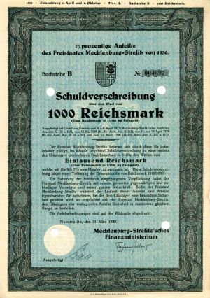 Anleihe des Freistaates Mecklenburg-Strelik 1,000 Reichsmark - Bond