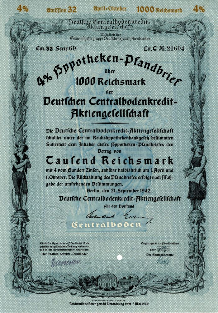 Deutsche Centralbodenkredit-Aktiengesellschaft 1,000 Reichsmark - Bond