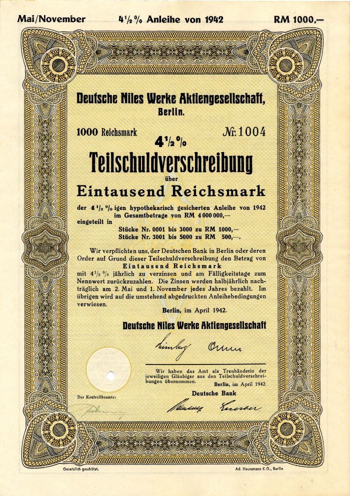 Deutsche Niles Werke Aktiengesellschaft 1,000 Reichsmark - Bond