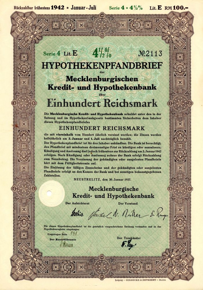Hypothekenpfandbrief der Mecklenburgischen - 100 Reichsmark Bond