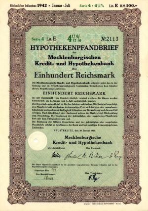 Hypothekenpfandbrief der Mecklenburgischen - 100 Reichsmark Bond