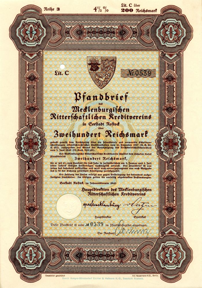Pfandbrief des Medlenburgischen - 200 Reichsmark Bond