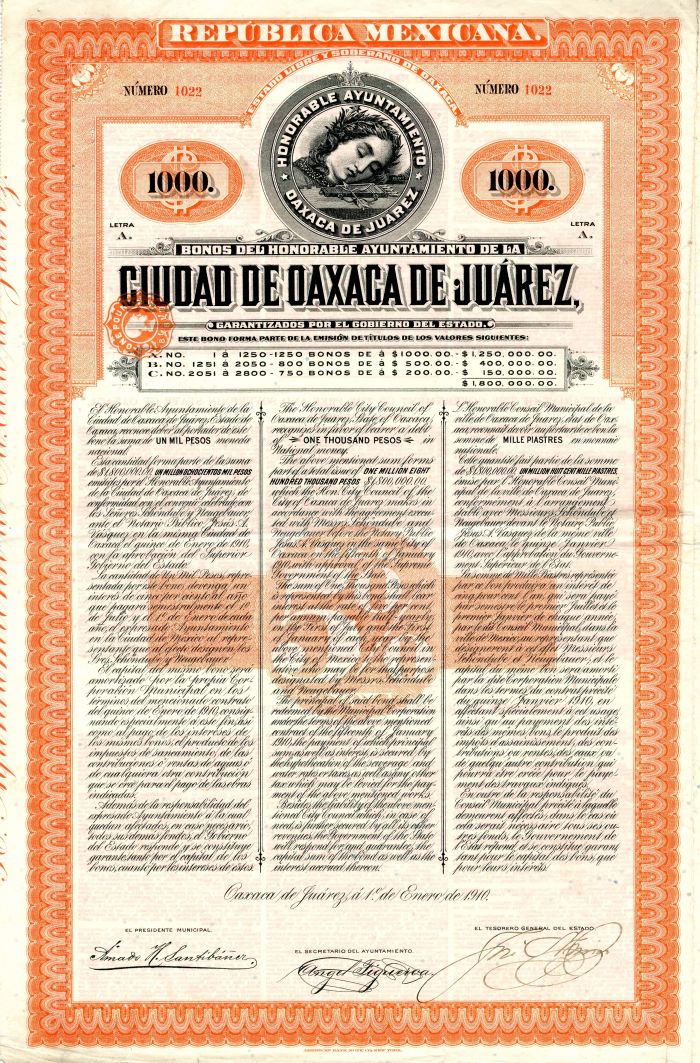 Ciudad De Oaxaca De Juarez - 1,000 Pesos 1910 Mexican Bond