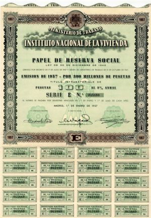 Ministerio de Trabajo Instituto Nacional de la Vivienda - 100 Pesetas