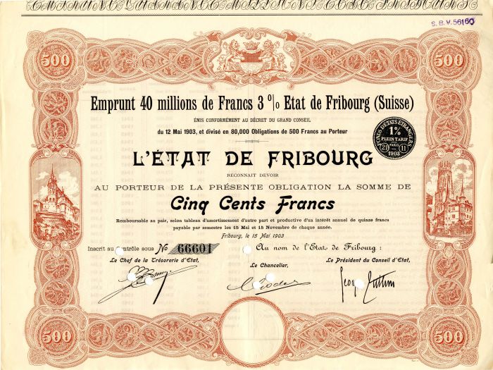 L'etat de Fribourg - 500 Francs