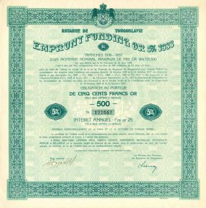 Royaume De Yougoslavie Emprunt Funding - 500 or 250 Francs Bond