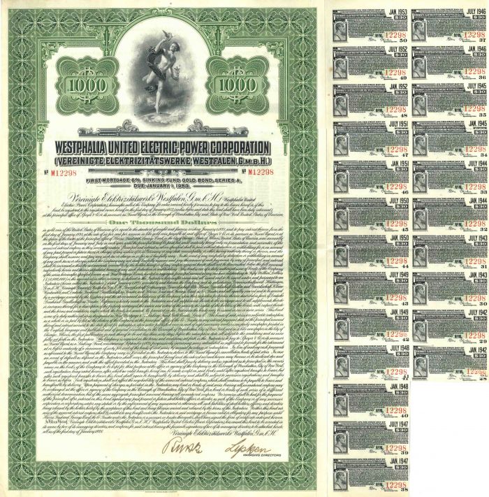 Westphalia United Electric Power Corporation Uncancelled $1,000 Gold Bond of 1928 - Vereinigte Elektrizitätswerke Westfalen G.m.b.H.