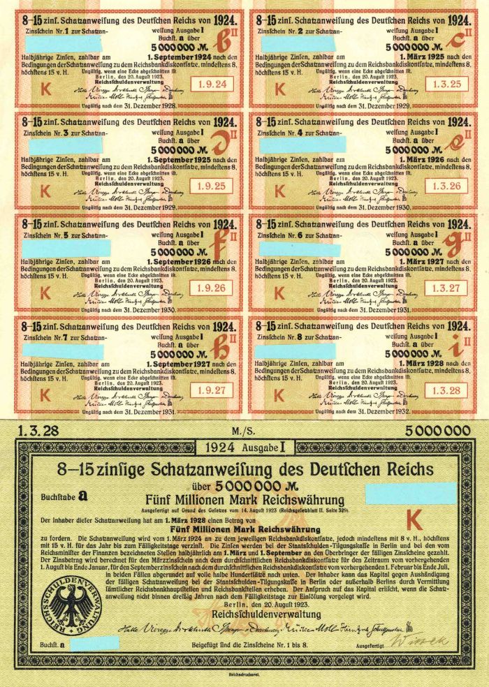 Schatzanweifung des Deutfchen Reichs 1923 - 5,000,000 German Marks Bond