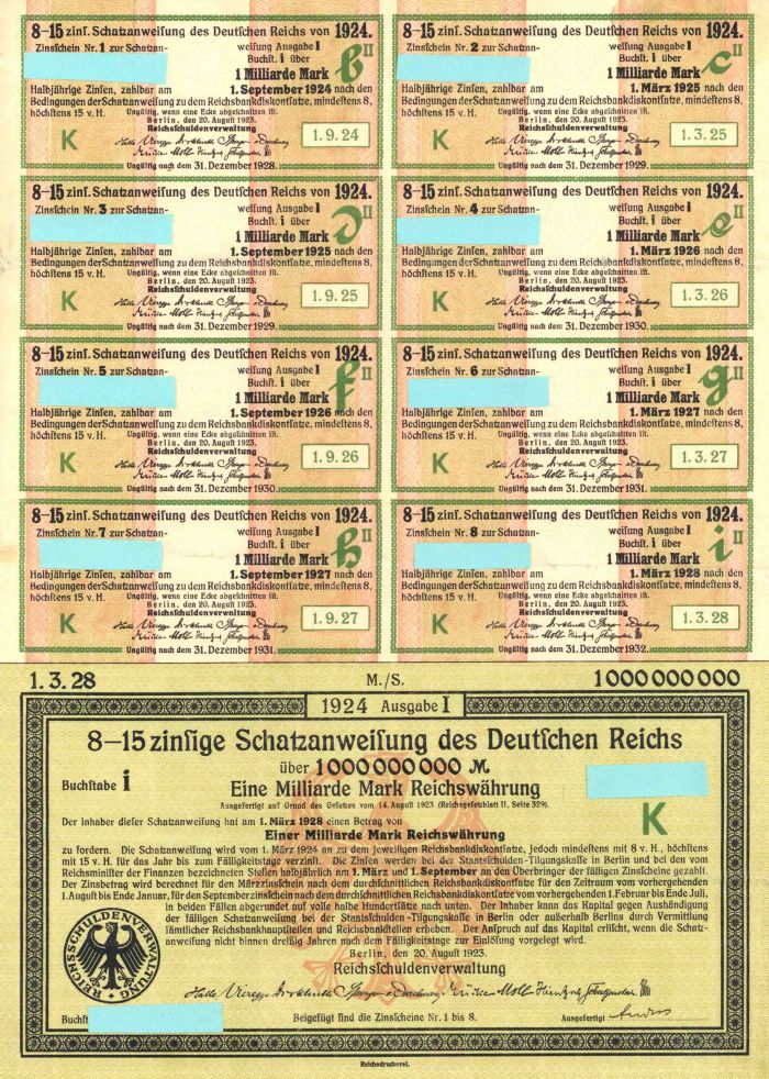 Schatzanweifung des Deutfchen Reichs 1923 - 1,000,000,000 German Marks Bond - 1 Billion Marks!