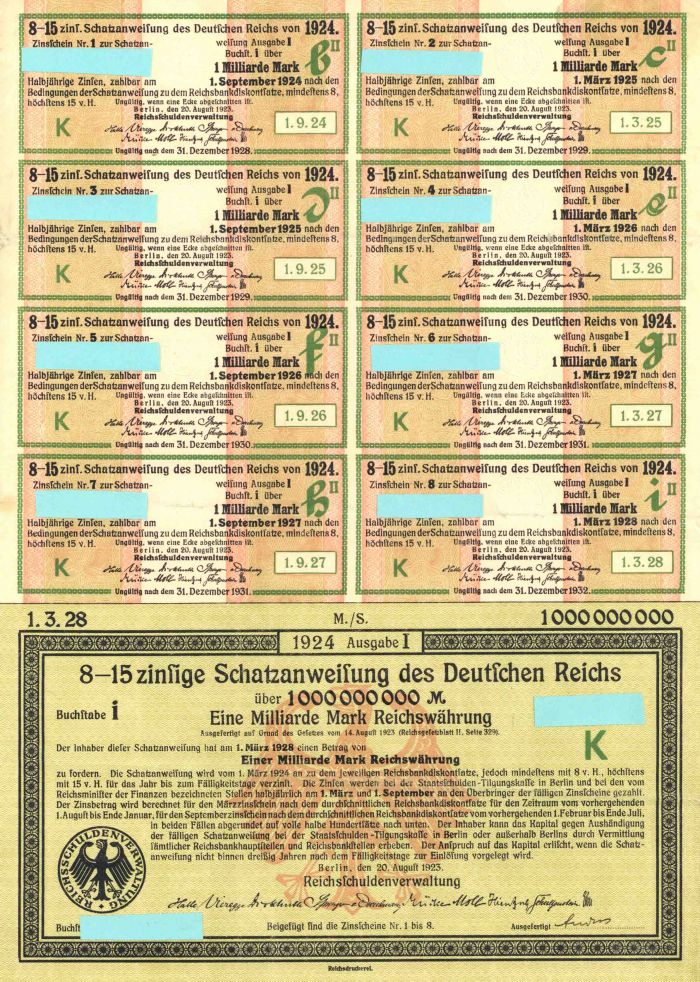 Schatzanweifung des Deutfchen Reichs dated 1924 - 1,000,000,000 German Marks Bond - 1 Billion Marks!